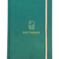 Green hard bound journal with gold embossed logo and tan ribbon marker and elastic.